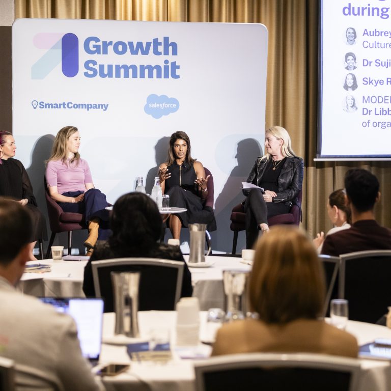 "Panel of female leaders speaking at the Growth Summit hosted by SmartCompany and Salesforce, discussing strategies for scaling teams during business growth.