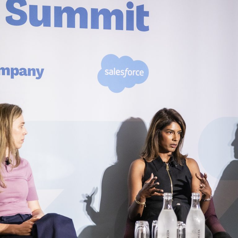 Light & Glo co-founder on a Salesforce Growth Summit panel, engaging in a business discussion on scaling brand experiences and customer engagement through scent marketing.